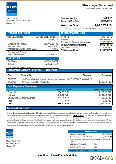 Fidji Bred Bank Banque relevé hypothécaire scr